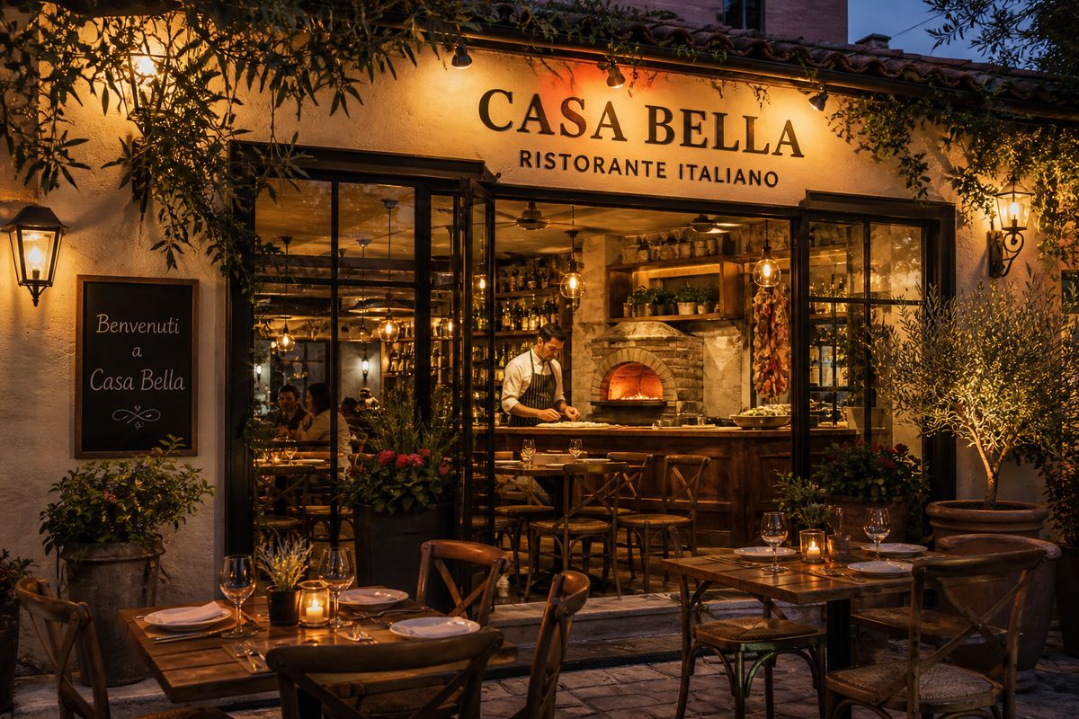 חזית מסעדת Casa Bella בערב עם תאורה חמה